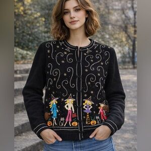 Jack B. Quick Halloween Witches 3D Embroidered Cardigan Sweater Novelty Vintage